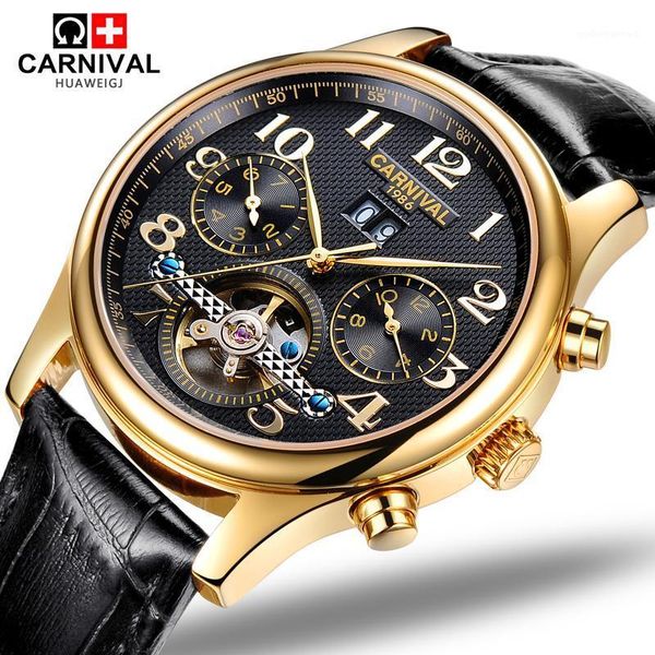 

carnival tourbillon waterproof watch men stainless steel sapphire automatic mechanical black leather relogio masculine wristwatches, Slivery;brown