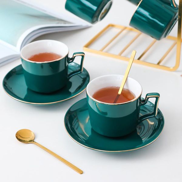 

mugs creative green coffee cup gold plated three kinds with spoon plates