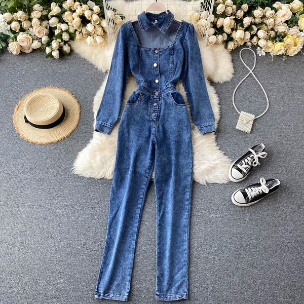 

women's jeans women safari style turn down collar single breasted hollow out long sleeve denim jumpsuits outfits, Blue
