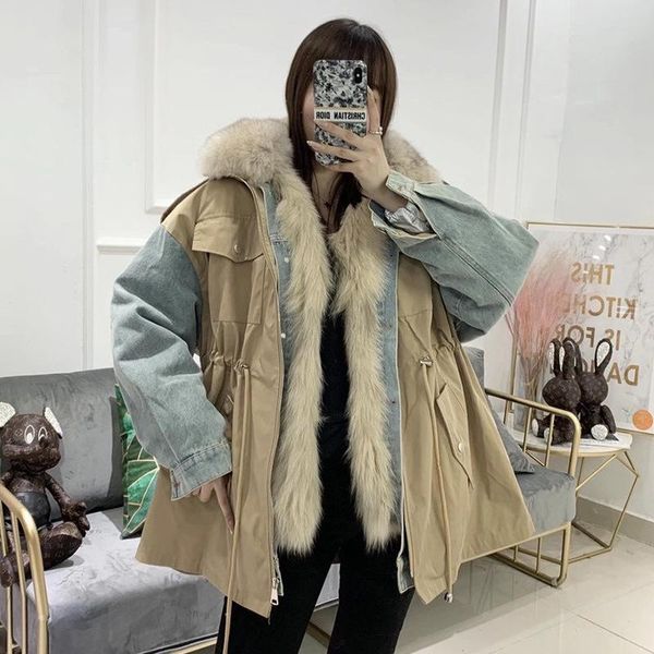 

women's fur & faux beikun autumn and winter haining coat hair pie overcoat middle long denim two pieces, Black