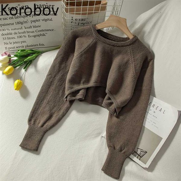 

korobov preppy style streetwear crop knit pullovers korean long sleeve o neck solid sweaters vintage jumper femme 211214, White;black