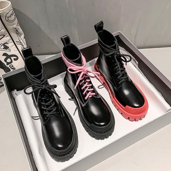 

boots fashion girl mid-calf motorcycle women colorful lace up flat platform booties female, Black