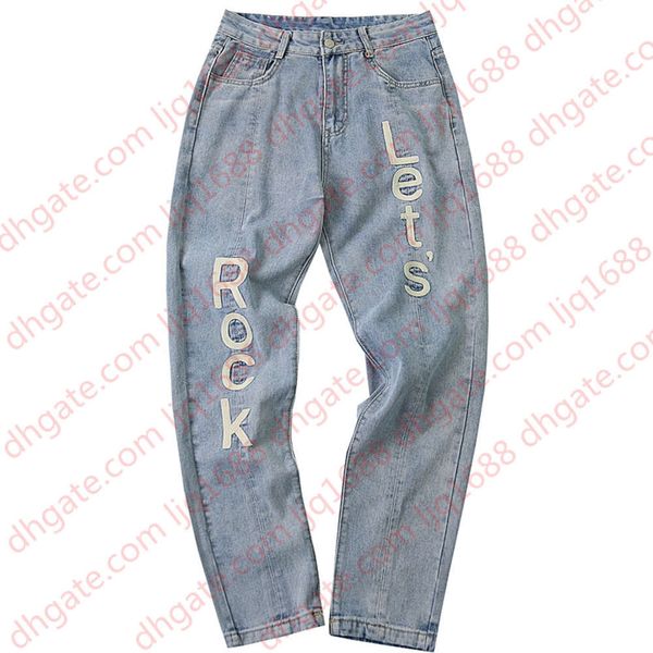 

lets rock mens jeans letter embroidered light blue straight denim pants retro street style homme jeans
