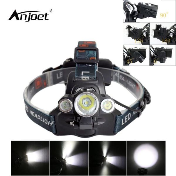 

anjoet headlamp 3 led bulb 180 angle arbitrarily adjustment illumination design 2000lm t6+2r5 led 4-modes rechargeable lighting