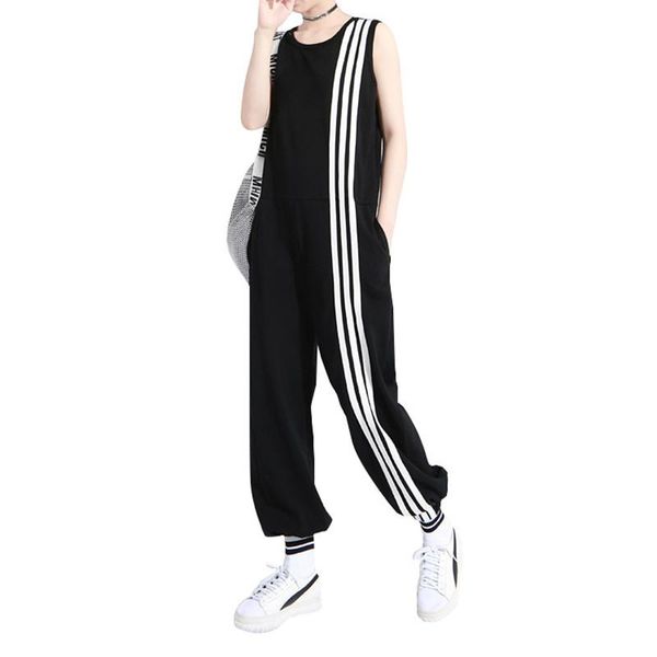 

korean style jumpsuit women long black jumpsuits rompers summer sleevelesss striped casual loose playsuits lady elegant overalls, Black;white