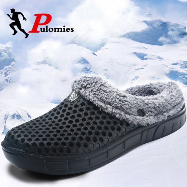 

men winter warm fuzzy plush garden clogs home indoor couple slippers, Black