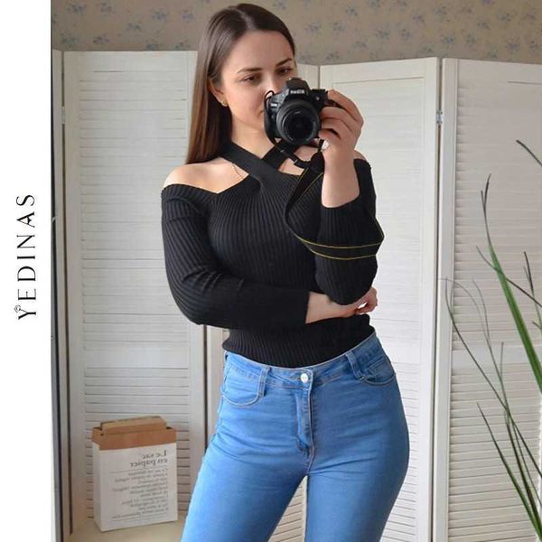 

yedinas knitted sweater women famale off shoulder harajuku sweaters korean women's pullovers ladies short jumper 210527, White;black
