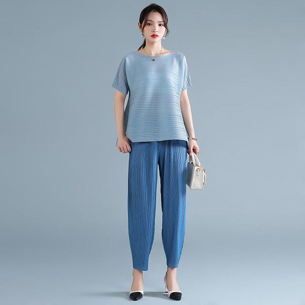 

women's two piece pants summer round neck split fork t-shirt harem women miyak pleated solid color loose casual 2 female clothes set, White