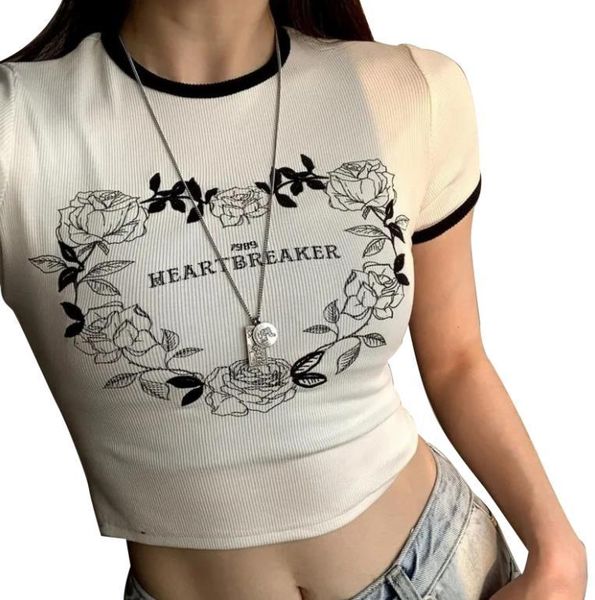 

women's t-shirt women summer crop , adults flower and letter print short sleeve round neck, White