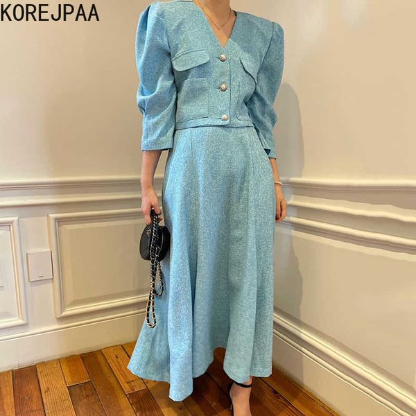 

korejpaa women set summer korea chic french temperament v-neck pearl button puff sleeve short jacket high waist swing skirt 210526, White