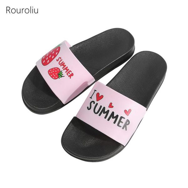 

slippers rouroliu 2021 summer cute fruit lovers indoor flip flops non-slip bathroom shoes couple sandals, Black