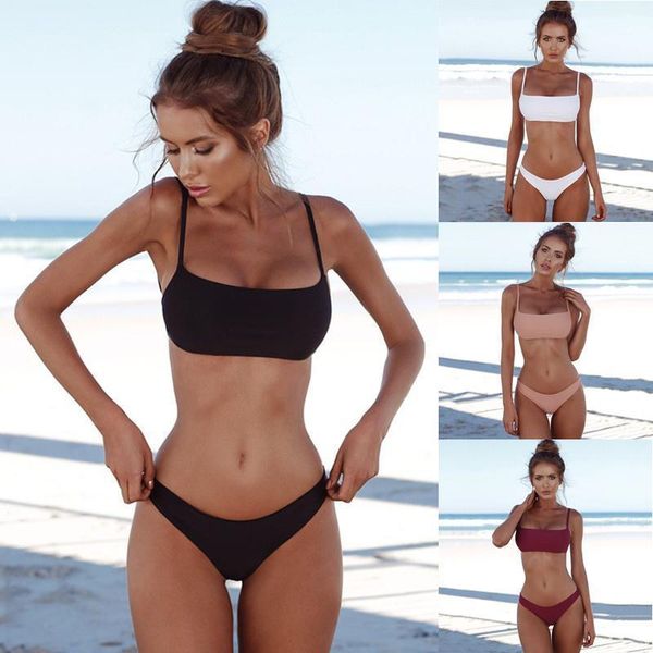 

women's swimwear women solid bikini set summer casual strap two pieces pool swimming suit, White;black