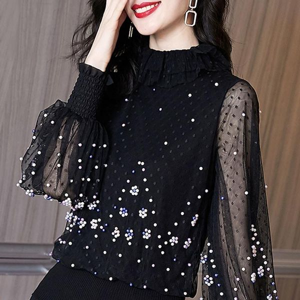 

women's blouses & shirts long sleeve black dot blouse shirt women blusas mujer de moda 2021 beading stand collar blusa e180, White