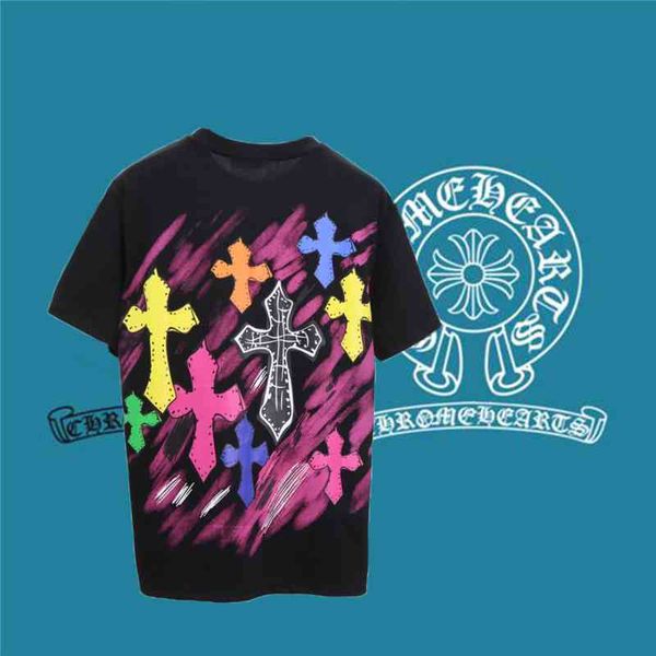 

2021 summer ch short cotton t-shirt men's round neck loose half sleeve hand painted graffiti cross tide brand, White;black