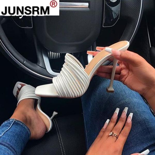 

junsrm square toe womens slipper shoes summer mules sandals multi knot high heel slides ladies rome shoes women slippers, Black