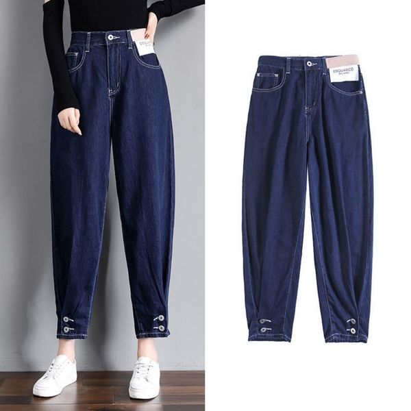 

2021 new cintura alta baggy mulher azul marinho solto coreano perna larga senhora harem calas de brim me jeans denim mulheres ib52, Blue