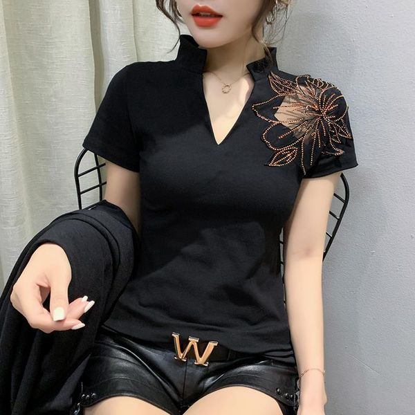 

summer fashion t-shirt european clothes women hollow out diamonds shirt ropa mujer short sleeve tees 2021 new t04615, White