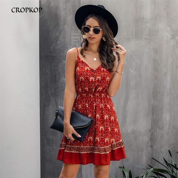 

summer women floral dress buttons cotton mini sundress fashion beach sleevees clothes halter dress for women red 210309, Black;gray