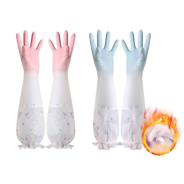 

disposable gloves 2 pairs long safety kitchen household thicken velvet winter dishwash wash cloth durable rubber housework waterproof clean