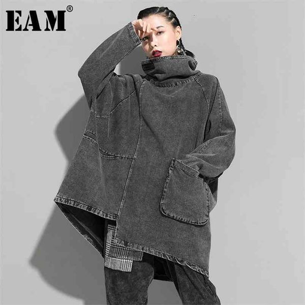 

[eam] loose fit black denim oversized sweatshirt high collar long sleeve women big size fashion spring autumn 1k166 210820