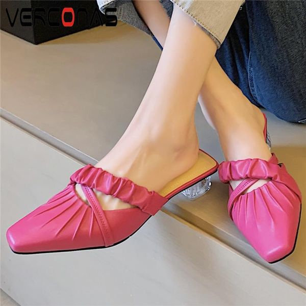 

sandals verconas fashion women spring summer casual mules pleated genuine leather crystal thick heels slippers shoes woman 2021, Black