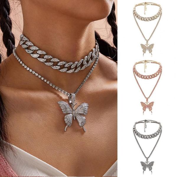 

chokers 2 pieces/set of large butterfly pendant ladies necklace adjustable length rhinestone cuban chain luxury gift, Golden;silver