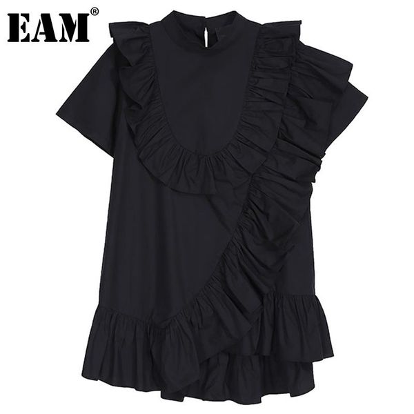 

women's blouses & shirts [eam] women white ruffles temperament blouse stand collar short sleeve loose fit shirt fashion spring summer 2
