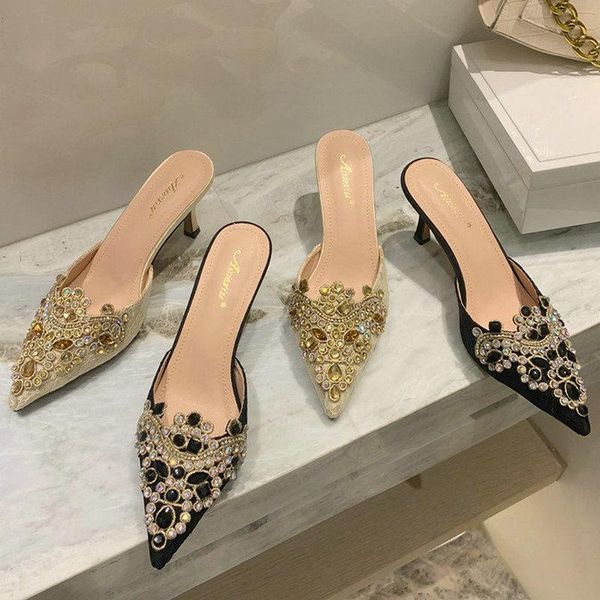 

slippers htuua luxury rhinestone women designer slides ladies brand mules shoes pointed toe thin heels dress sx4495, Black