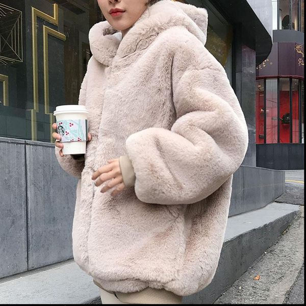 

casual style hooded warm outwear winter women faux fur thick teddy bear coat 2021 fashion female overcoat, Black