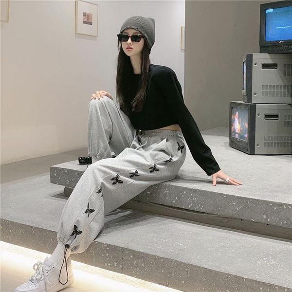 

sports butterfly print gray women capris elastic waist loose sweatpants korean style oversized streetwear trousers, Black;white