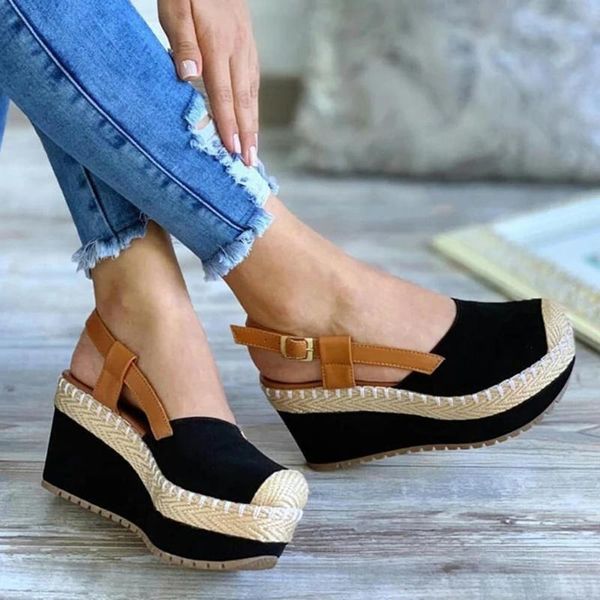 sandals women's wedge heel straw middle baotou buckle summer ladies beach plus size high female shoes black wh