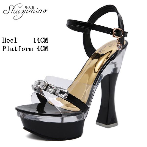 

sandals model large size pole dance shoes women rhinestone nightclub thick heel 14cm super high female show striptease, Black