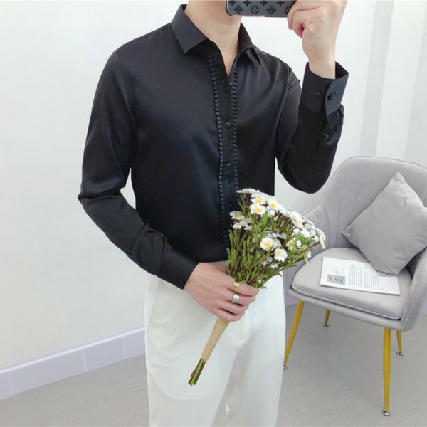

2021 men's shirts wind solid color sleeve long british casual shirt thin dress business blouse social party pi3w, White;black