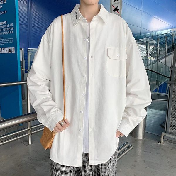 

men's casual shirts spring autumn solid color shirt men korean fashion loose business harajuku streetwear retro long sleeve, White;black