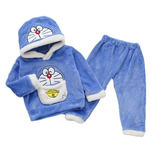 

autumn winter plus velvet childrens pijamas sets cartoon doraemon toddler kids nightwear for boys warm baby boys sleepwear suit, White