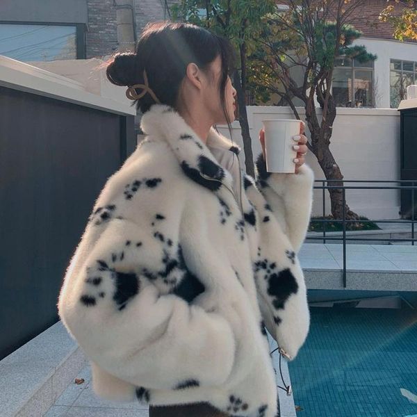 

women's fur & faux european and american style cow artificial mink hair loose casual fashion plush coat female young winter short, Black