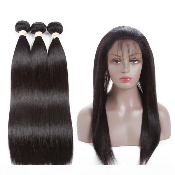 

360 lace frontal with 3 bundles brazilian straight hair closure natural color 100% non remy human hair ing, Black;brown