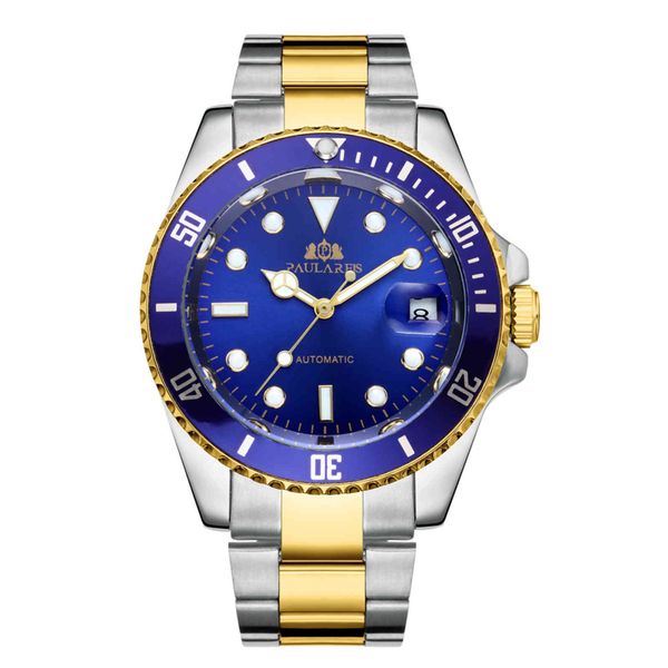 

automatic self wind mechanical stainless steel strap gold silver blue green red black dial date strong luminous luxury men watch, Slivery;brown