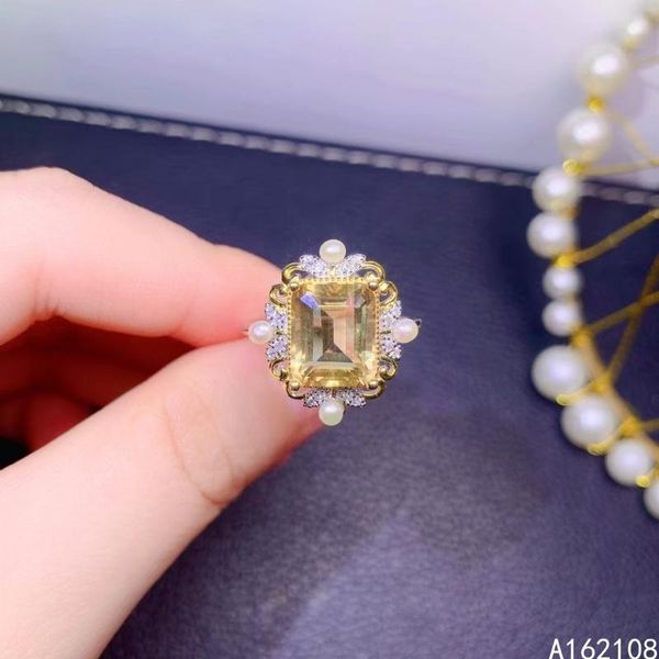

cluster rings exquisite jewelry 925 sterling silver inset with gemstone women lovely rectangle citrine adjustable ring support detecti, Golden;silver