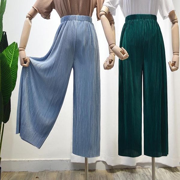 

women's pants & capris 2021 summer light ice silk chiffon tall waist pleated wide legged women loose hanging straight leisure trousers, Black;white