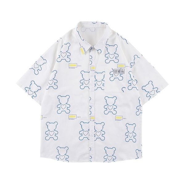 

men's summer new love bear print hip hop thin shirt men's loose casual short sleeve shirt lovers, White;black
