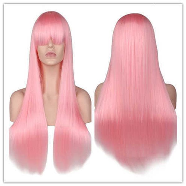 

light pink stage long straight hair qi bangs high temperature silk wig fashion ffy fake delivery, Black