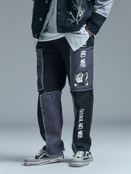 

men cartoon & letter graphic raw trim pants w2rq#, Black