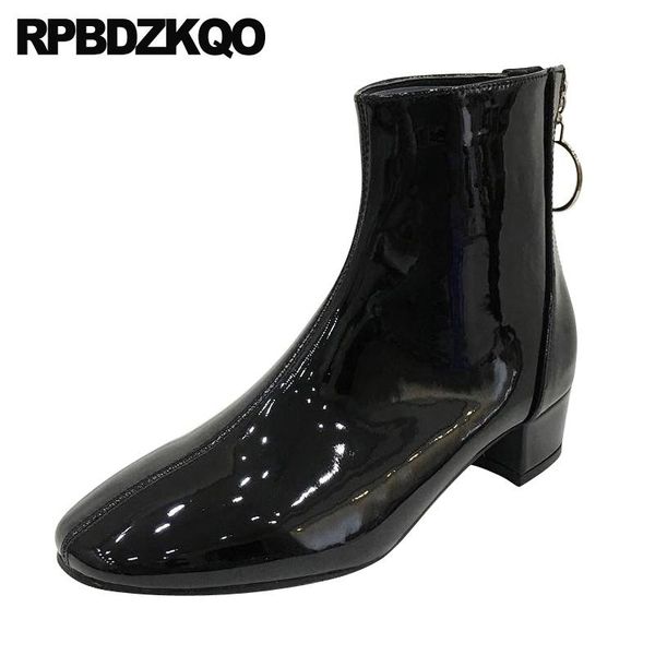 

boots 2021 fur ankle chunky thick square toe fashion block patent leather shoes waterproof winter women black short silver