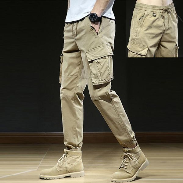 Calça masculina bolso de bolso casual cargo macacão jogador lavado algodão cintura elástica prateleira calça de comprimento esbelto verão fino 2021