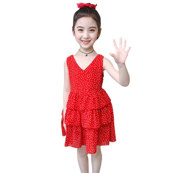 

girl dresses dot pattern girls party dress tiered beach dress for children summer children's clothing 6 8 10 12 14, Red;yellow