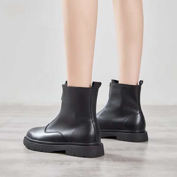 

2020 genuine leather women boots winter plush white ankle boots platform motorcycle boots zip fur female autumn punk, Black