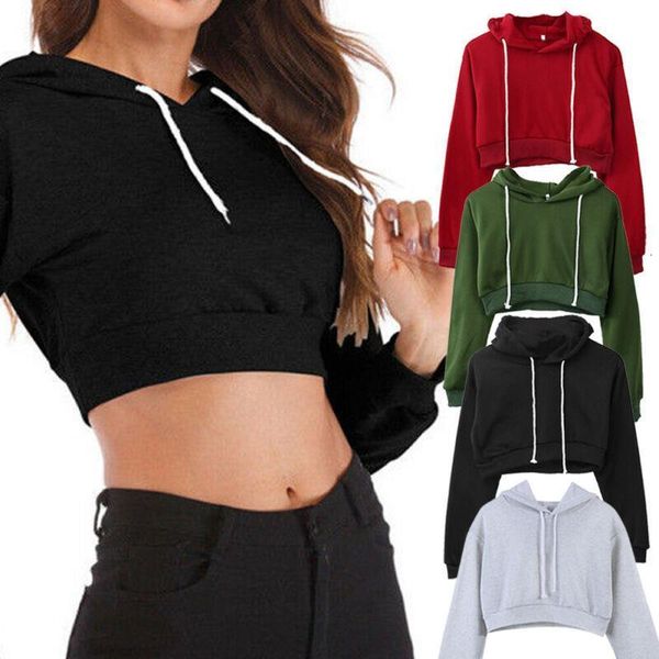 

2021 women fashion crop hoodie sweatshirt jumper sport pullover sports short hoody sweatshirt, Black