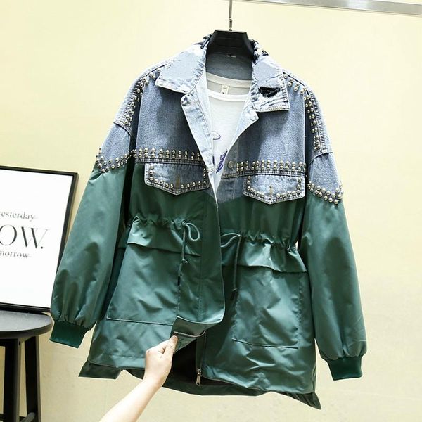 

women's trench coats women coat contrast color drawstring waist female loose spring fall letter riveting beaded jeans chaqueta mujer, Tan;black