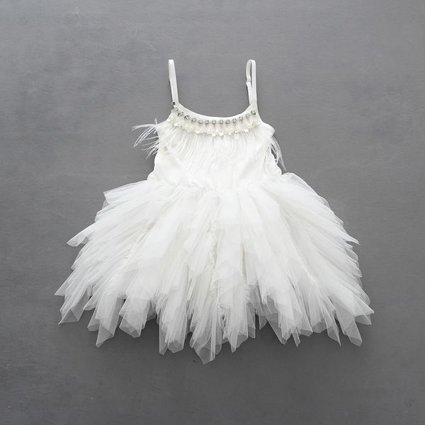 Vendita al dettaglio di fiori per bambini abiti per matrimonio ragazze principessa abito fatto a mano piuma perla bling irregolare tulle abiti per bambini Q0716